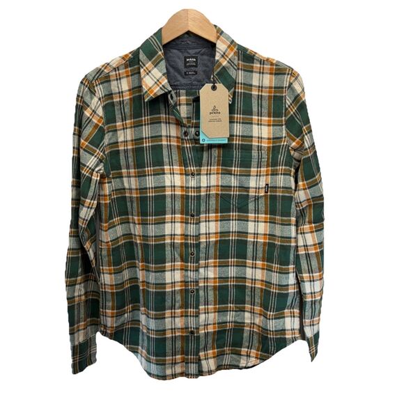 prAna Golden Canyon Flannel Small Womens Plaid Snap Button Shirt Oversized NWT - Picture 2 of 14